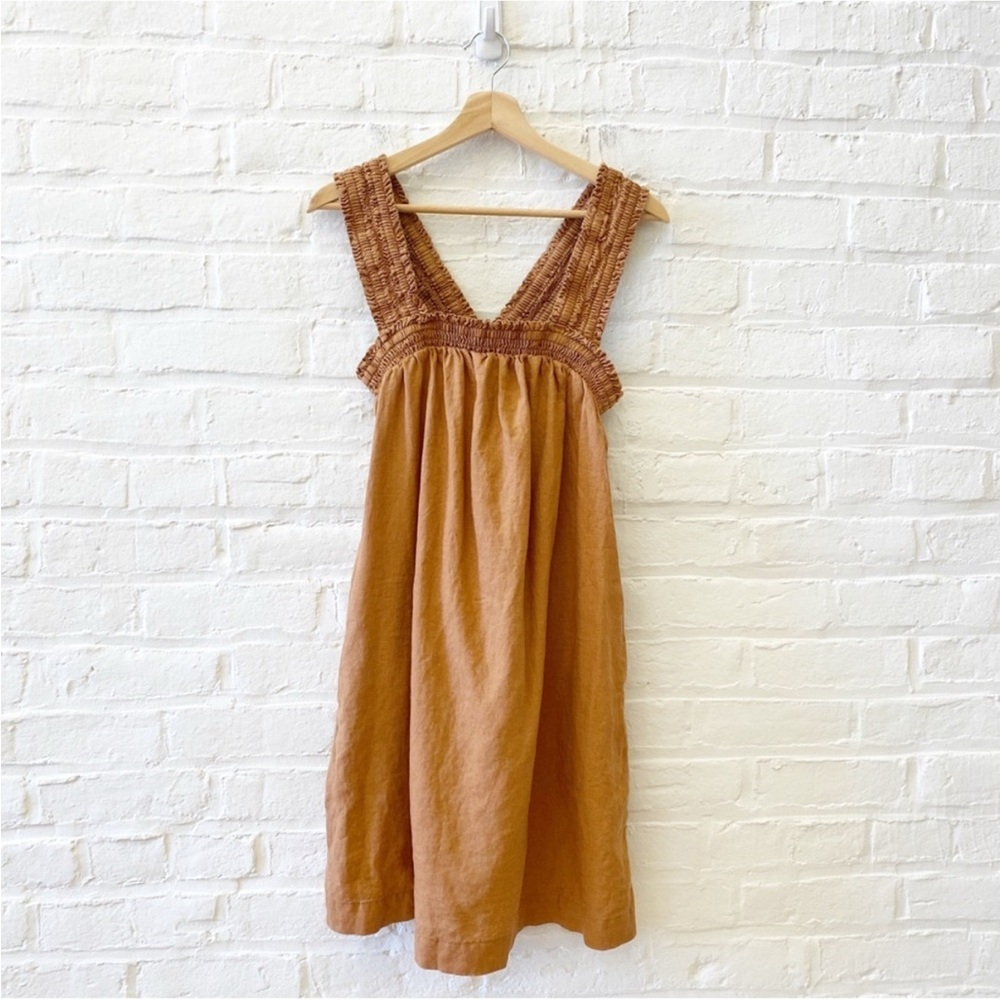 Everlane || The Smocked Linen Dress Mini A-Line Tawny Honey XS